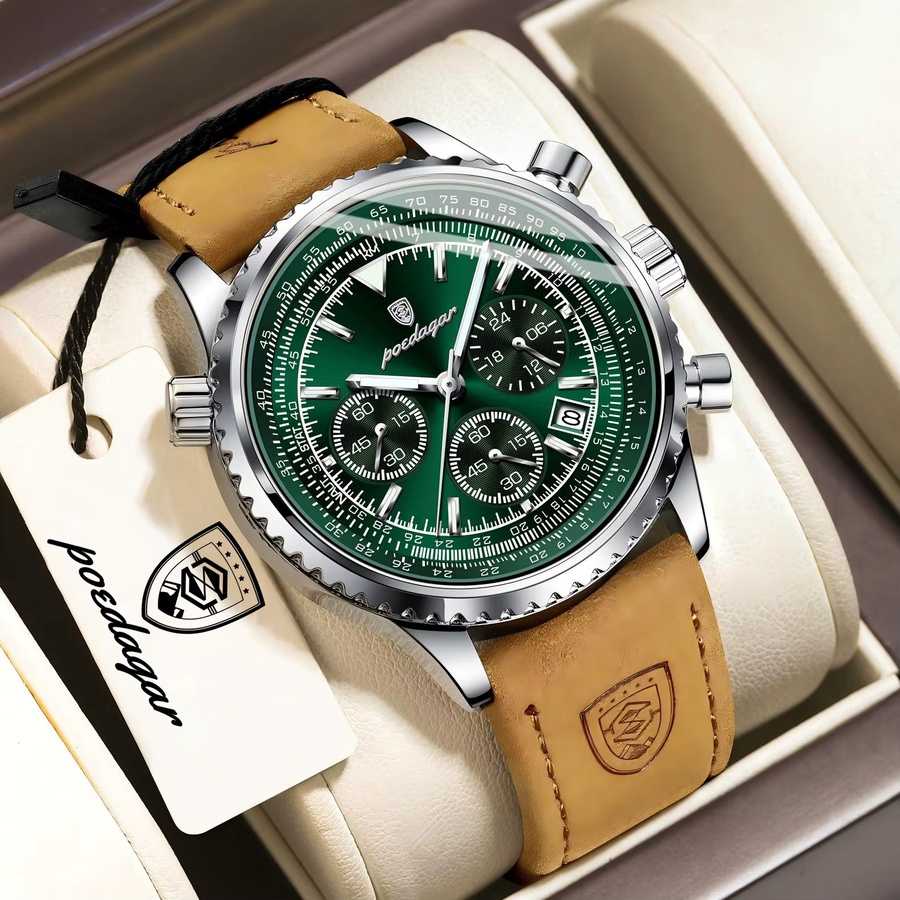POEDAGAR Armbanduhr, Chronograph, Quarz, Leder, Grün, Herren - Bild 2