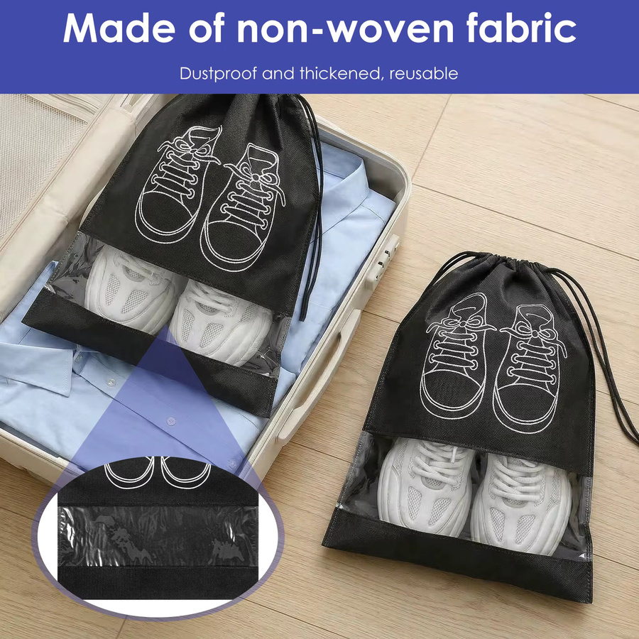10 Stück willkey Reise-Schuhtaschen mit Kordelzug und transparentem Fenster, wiederverwendbare Aufbewahrungstaschen für Sportschuhe in Schwarz und Blau - Bild 4