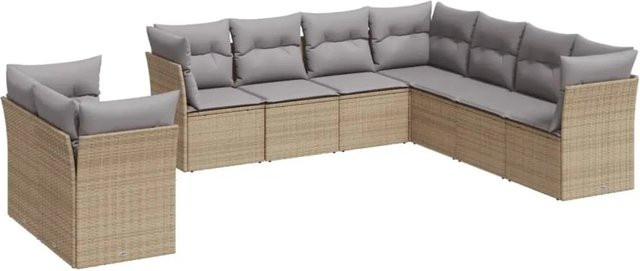 vidaXL 9-tlg Garten-Sofagarnitur in L-Form aus beige farbenem PE-Rattan mit Polsterkissen und Stauraum - Bild 1