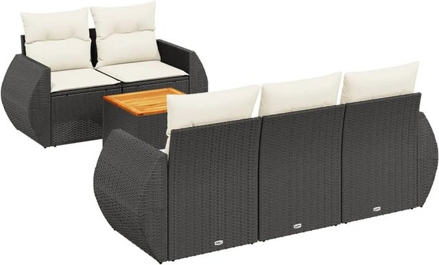 vidaXL 6-teilige Garten-Sofagarnitur aus Poly-Rattan und Akazienholz in Schwarz mit cremeweißen Kissen - Bild 1