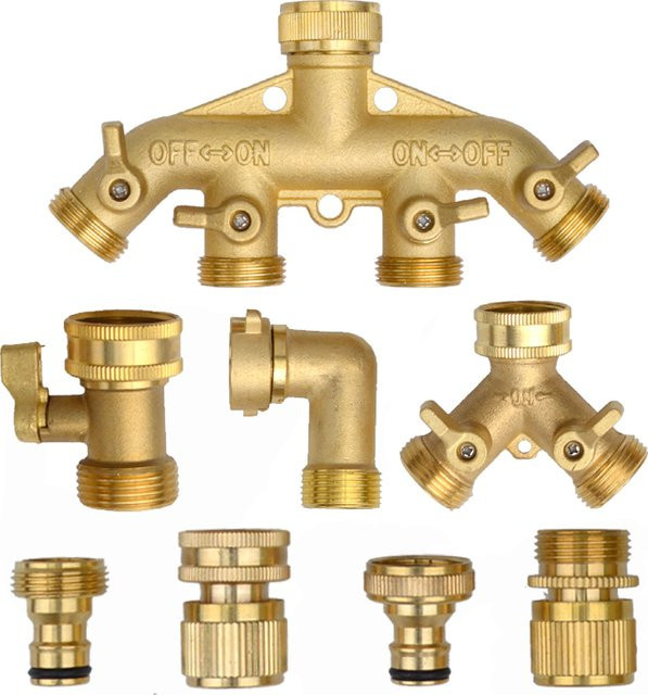 LEICTORY Messing Gartenschlauch-Verteiler mit Absperrventilen und Adapter, 2-4-Wege-Splitter in Gold - Bild 1
