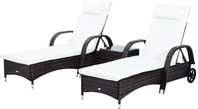 Outsunny Gartenmöbel 3er-Set aus Polyrattan und Metall mit Sonnenliegen und Tisch in Braun und Cremeweiß - Bild 3