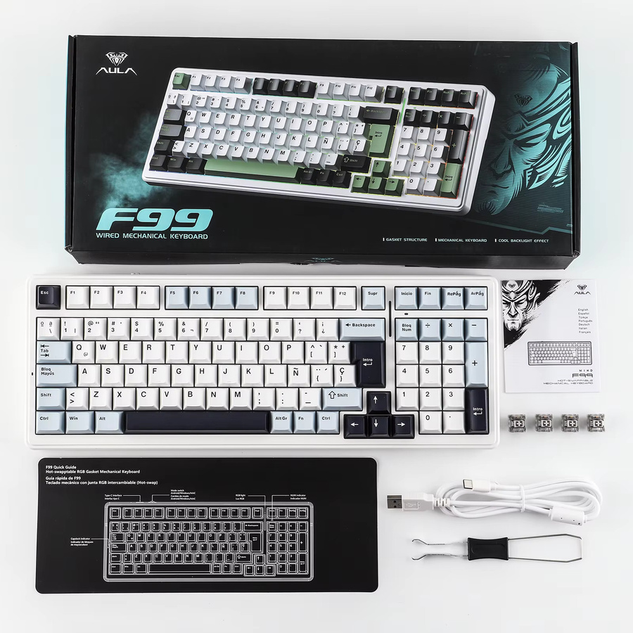 AULA F99 Mechanische Gaming-Tastatur mit RGB-Hintergrundbeleuchtung, Hot-Swap, Kabelgebunden, ISO-ES QWERTY-Layout, Blau-Weiß - Bild 3
