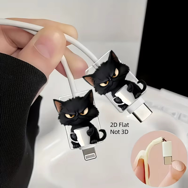 2 Stück Kabelschutz mit 2D-Katzenmuster in Schwarz für Typ-C Ladekabel, kratzfeste Kunststoff-Kabelhülle - Bild 4