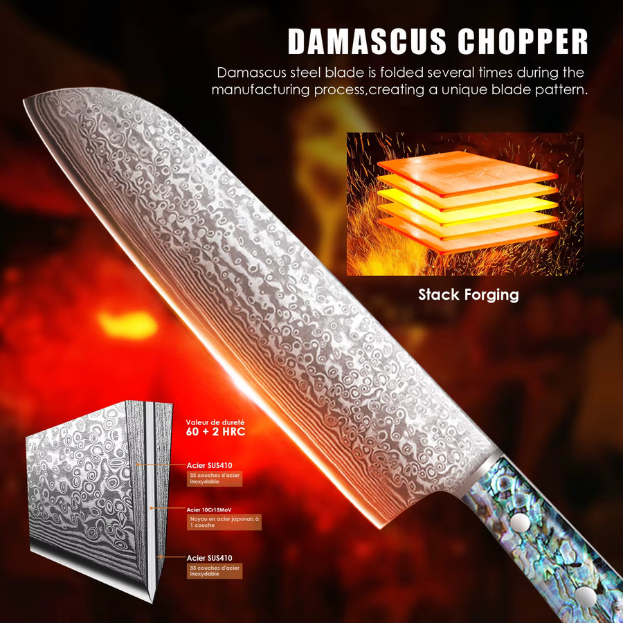 SAEIV Santoku-Messer aus Damaststahl im japanischen Stil als Allzweck-Küchenmesser zum Schneiden und Hacken von Gemüse und Fleisch - Bild 4