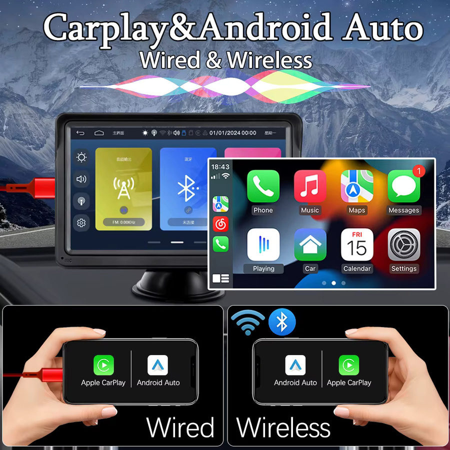 HIPPBQCC 7-Zoll Carplay MP5-Player mit Bluetooth und Touchscreen, tragbares Android Auto Autoradio für Apple und Android, Schwarz - Bild 2