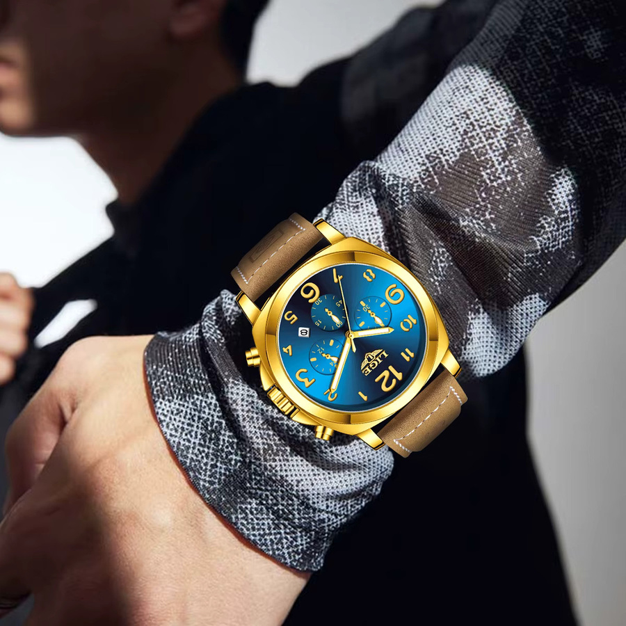 LIGE Armbanduhr Quarz, Leder, Blau, Herren - Bild 6