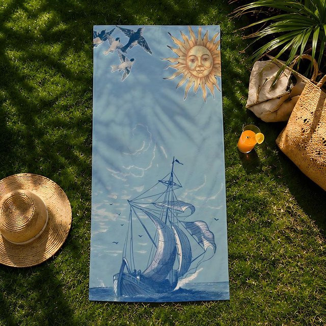 JMG Household Supplies Strandtuch Art V-Vintage S-Segelboot in Blau, schnelltrocknendes und saugfähiges Mikrofaser-Handtuch, Breite: 35 cm, Höhe: 60 cm - Bild 1