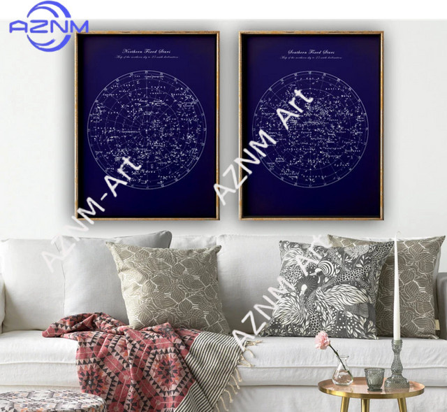 AZNM 2-teiliges Sternkarten-Poster Set in Blau als moderne abstrakte Astronomie-Wandkunst aus Papier - Bild 1