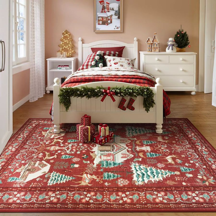 VIKAMA Weihnachts Teppich im Bohemian Design, Rot, Rutschfeste und Verschleißfeste Bodenmatte für Wohnzimmer und Schlafzimmer - Bild 3