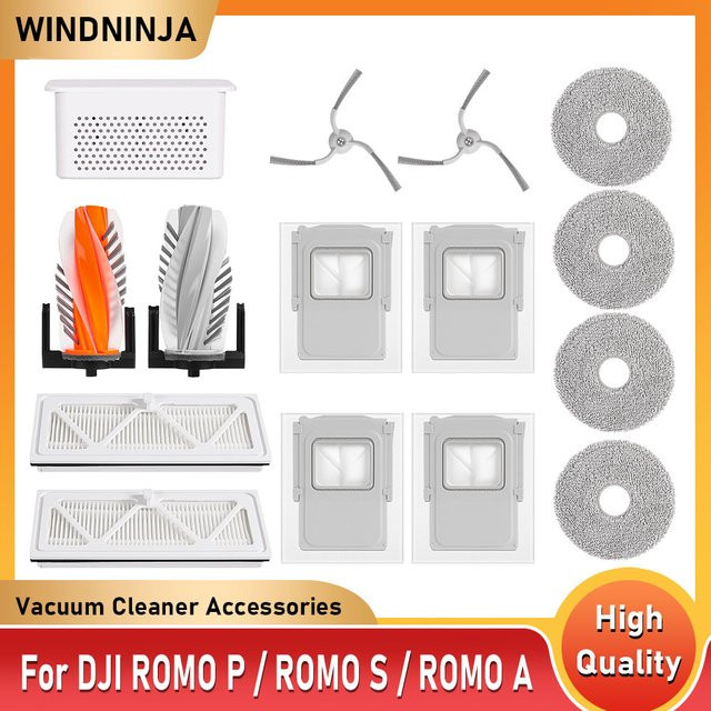 WINDNINJA Hauptseitenbürste und HEPA-Filter Zubehör Set mit Mopp Pads und Staubbeuteln für DJI ROMO P S A Staubsauger in Weiß - Bild 1