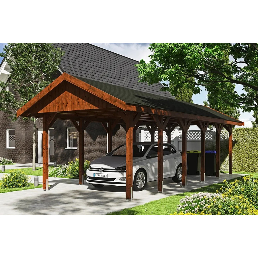 Skan Holz Carport Wallgau Satteldach aus Nadelholz in Nussbaum Braun mit Bitumendachpappe B: 380 cm, T: 900 cm, H: 313 cm - Bild 2