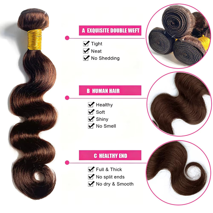 Happy Monday Body Wave Echthaar-Bundles, dunkelbraun, 4 Stück, Damen - Bild 3