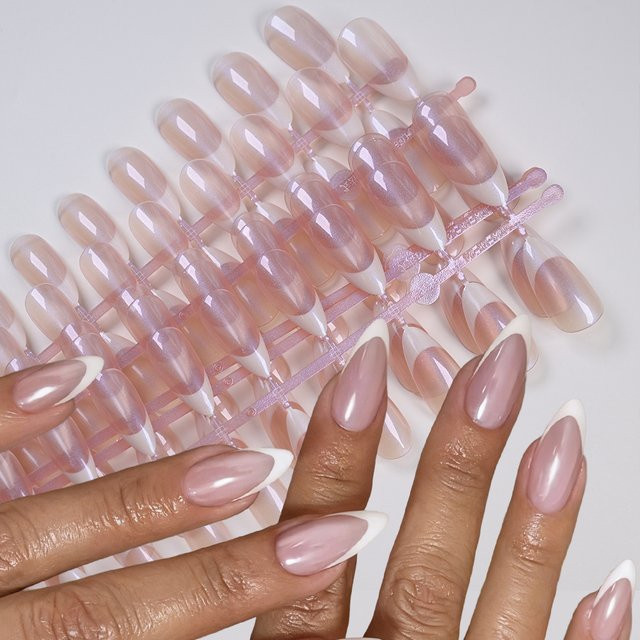 MAFANAILS Press-On-Nägel, Mandel-French, Perlmuttfarben, Glänzend, 120 Stück, Damen - Bild 1