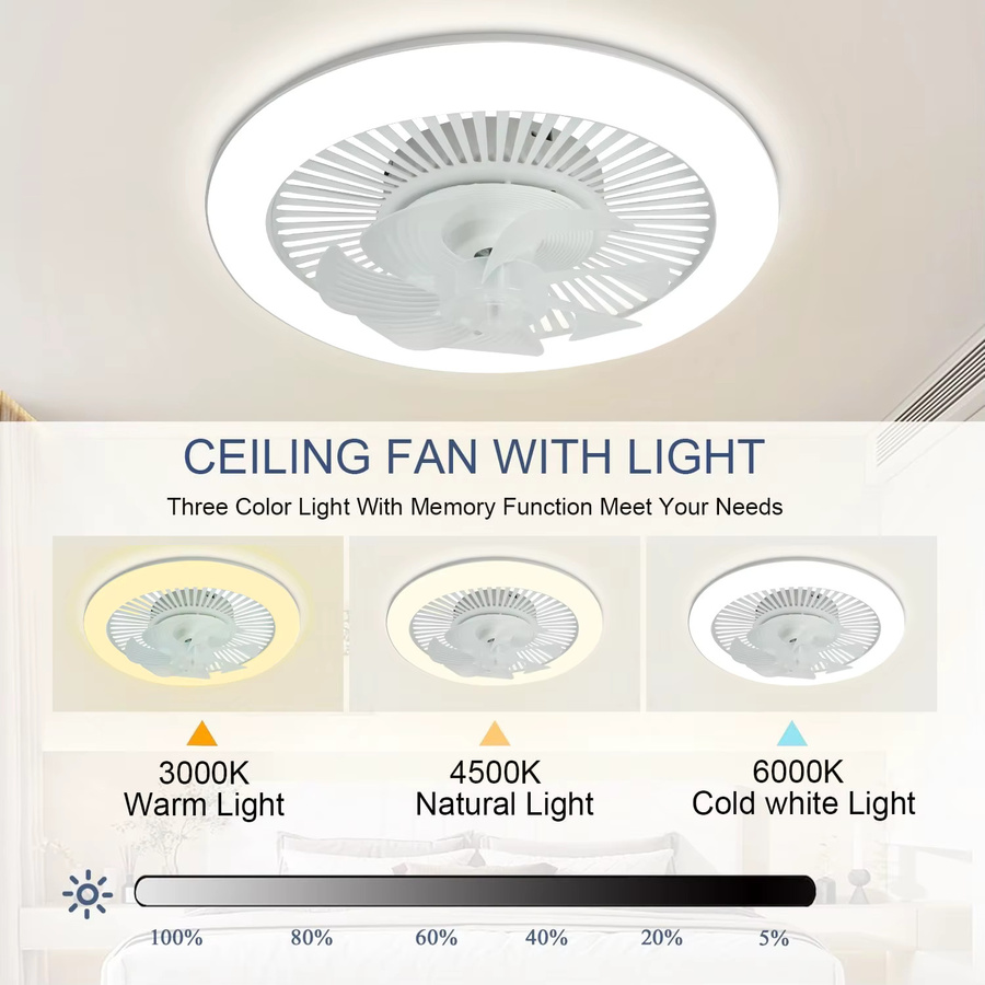 Ludengchaoshi Deckenventilator mit LED-Licht und Fernbedienung, weißer Deckenventilator mit leisem Gleichstrommotor für Wohnzimmer und Schlafzimmer, Durchmesser: 48 cm - Bild 2