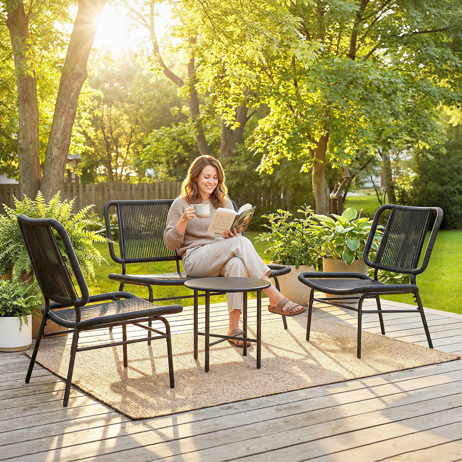 Outsunny 4-teiliges Garten-Loungeset aus Rattan in Schwarz mit 2-Sitzer-Sofa, 2 Stühlen und Couchtisch mit Metallplatte und Stahlgestell - Bild 2