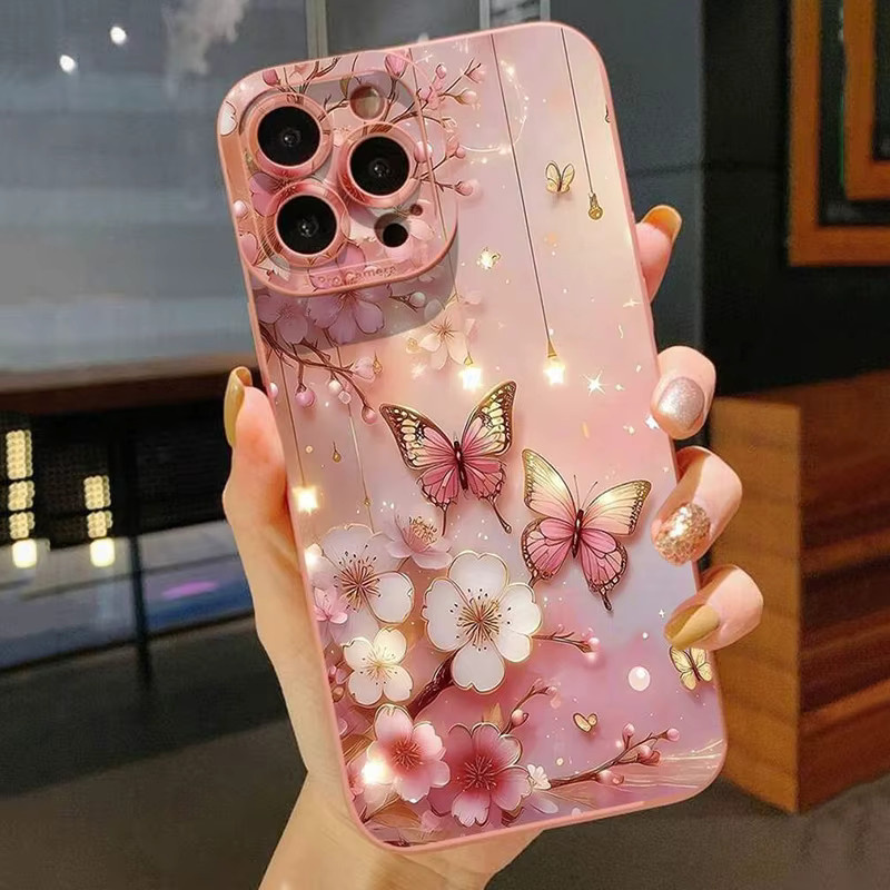 Stoßfeste Handyhülle mit Schmetterlings- und Blumenmuster für Apple iPhone Modelle in Pink, Mattes Cover - Bild 2