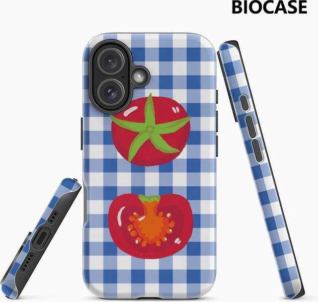 Blau karierte Handyhülle mit Tomaten-Design für Apple iPhone 17 16 15 14 13 12 Pro Max Plus mit doppelschichtiger Rückseite - Bild 1