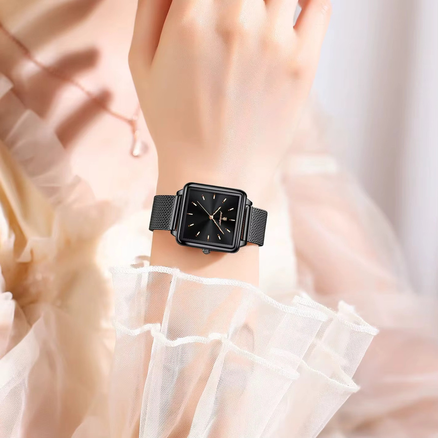 POEDAGAR Armbanduhr, Quarz, Edelstahl, Eckig, Schwarz, Damen - Bild 5