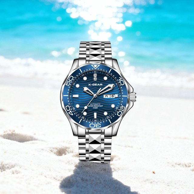 X-GEAR Armbanduhr Herren, Automatik, Edelstahl, Keramik, Blau, Leuchtzeiger - Bild 1