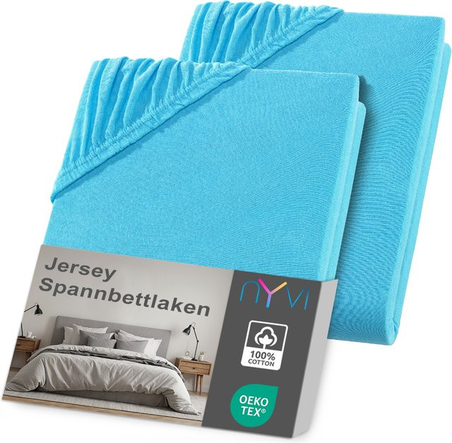 NYVI DreamScience Jersey Spannbettlaken 2er Pack, Türkis, Bügelfrei, für Matratzen bis 22 cm Höhe, B/T: 140 x 200 cm bis 160 x 200 cm - Bild 1