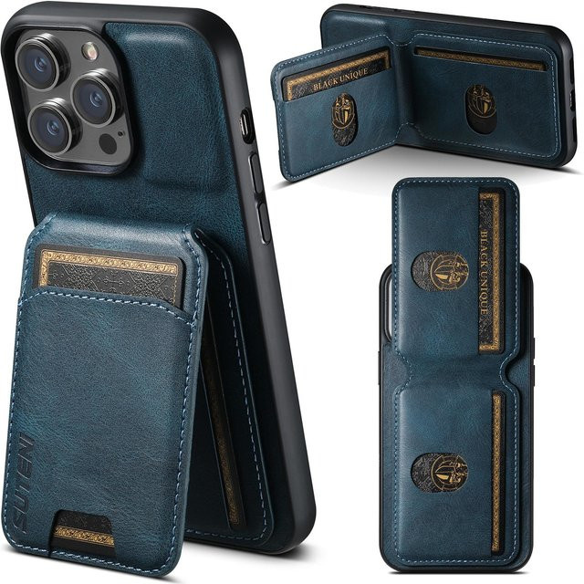 SUTENI Leder Handyhülle mit magnetischer Kartenhalter-Tasche und Brieftasche für iPhone 15 16 Pro Max Plus und weitere Modelle in Schwarz, Braun oder Blau - Bild 1