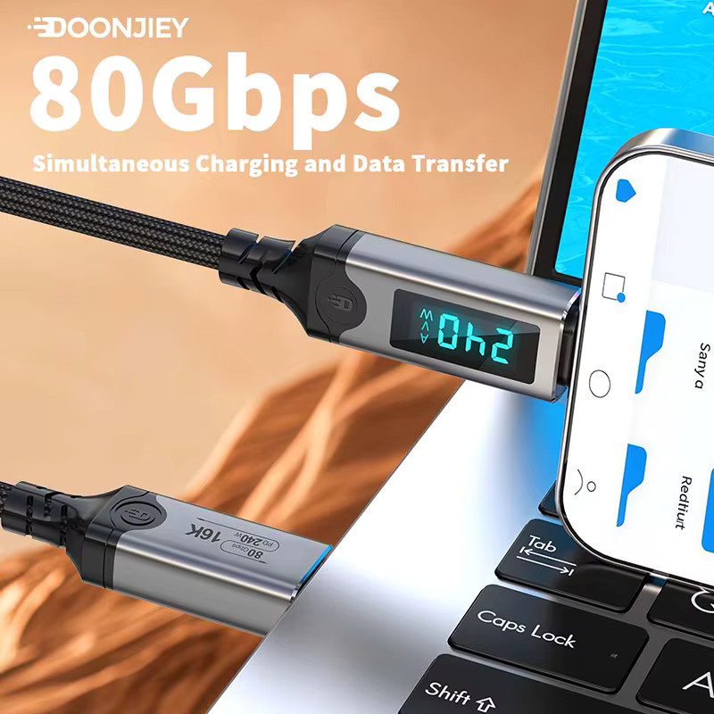 DOONJIEY USB 5.0 Datenkabel Thunderbolt 5 mit LED-Anzeige, Typ C, 240W PD Schnellladen, 80 Gbit/s, Schwarz - Bild 3