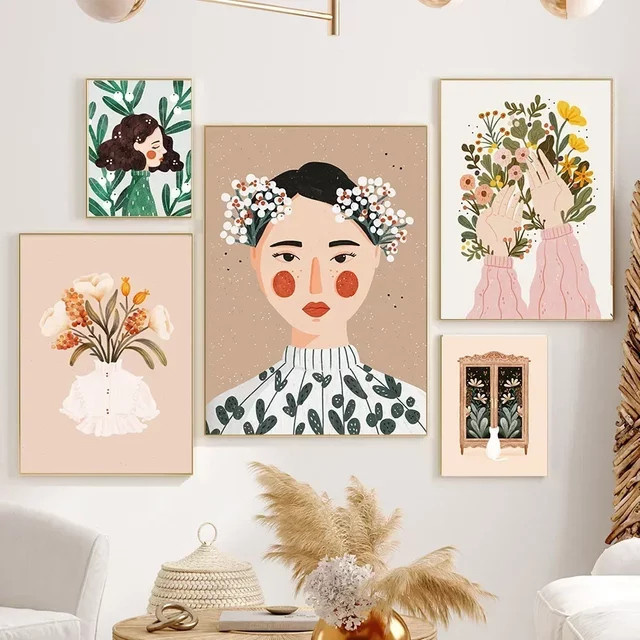 Potdemiel Boho Wandkunst Leinwand mit Blumen und Blättern Illustration für Kinderzimmer und Wohnzimmer, Mehrfarbig - Bild 1
