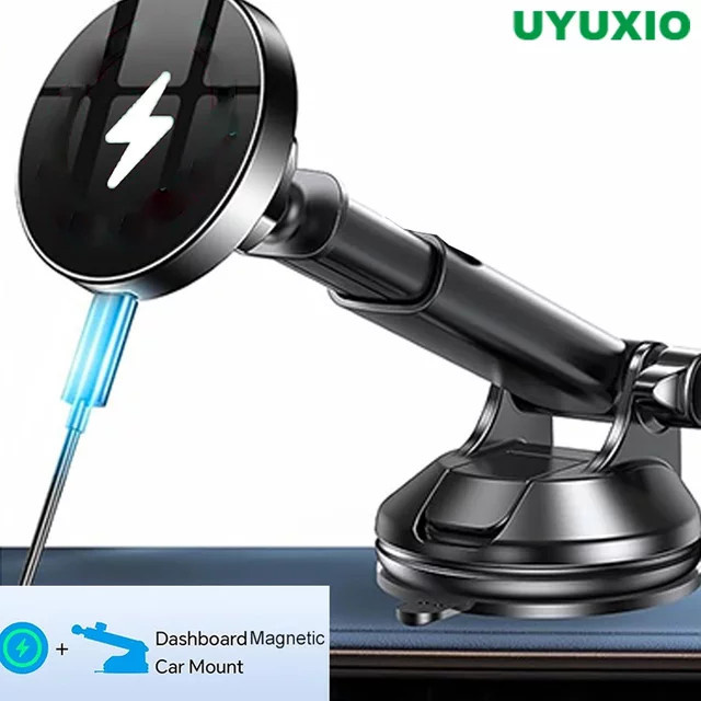 UYUXIO Magnetischer kabelloser Autotelefon-Ladegerät-Adapter in Schwarz mit 15 W für Armaturenbrett und Windschutzscheibe, kompatibel mit iPhone 16 15 14 Pro Max - Bild 1