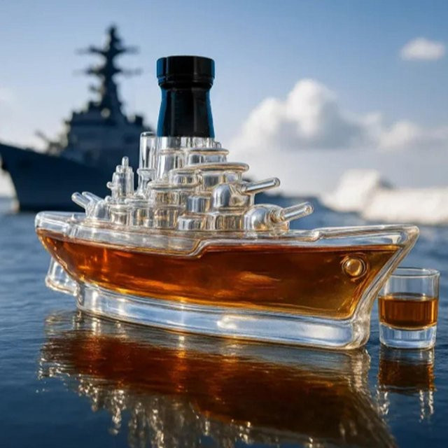 Transparente Schnapsflasche in Kriegsschiff-Form aus Glas mit 350 ml Volumen für Whisky und Wodka - Bild 1