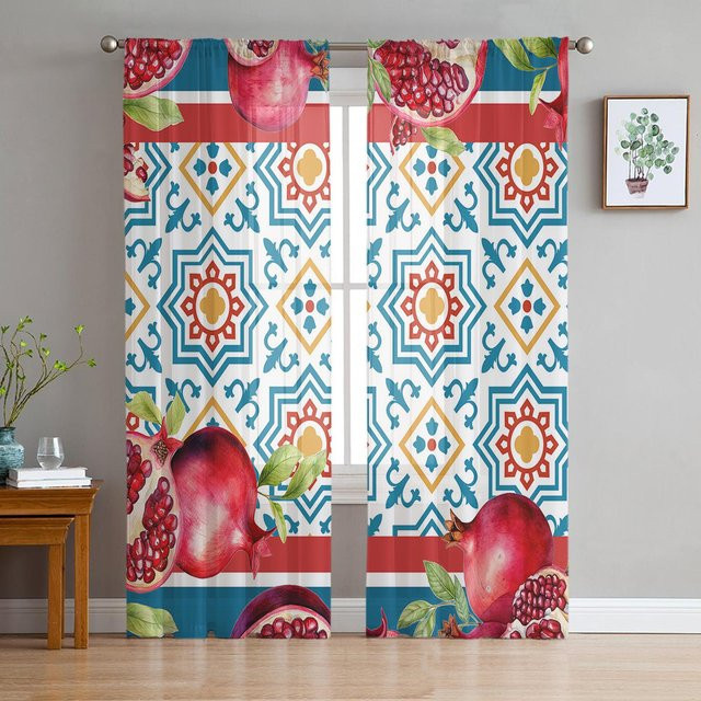 Transparente Tüll Voile Vorhänge mit geometrischem Granatapfel-Muster in Blau, Breite: 135 cm, Höhe: 115 cm - Bild 1
