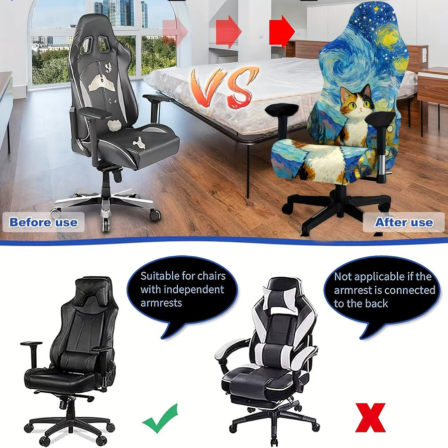 Gaming-Stuhlbezug mit niedlichen Katzen unter der Sternennacht, UV-Schwarzlicht leuchtend, Blau, Polyester - Bild 4