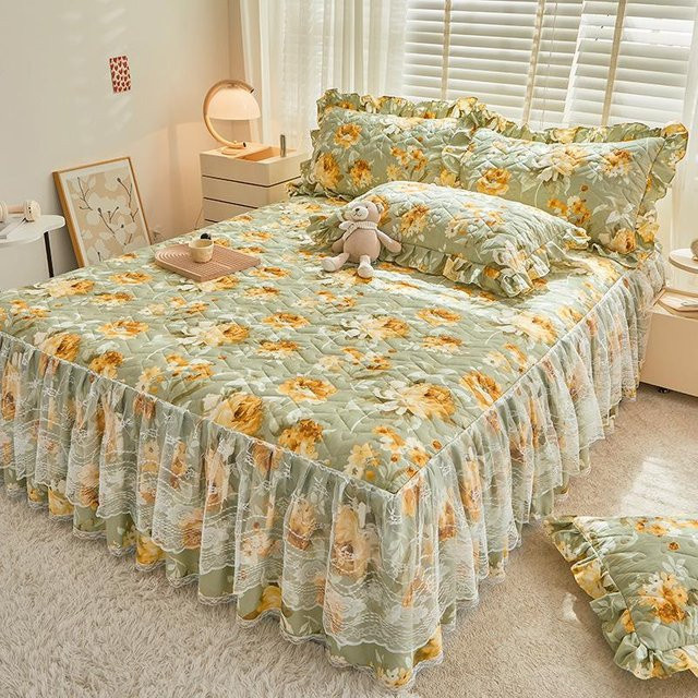 Your Warm Home 3-teiliges Bettwäsche-Set im Prinzessinnen-Stil mit gestepptem Baumwollspitze-Spannbettlaken und Tagesdecke, Farbe: Grün, B/T: 120 x 200 cm - Bild 1