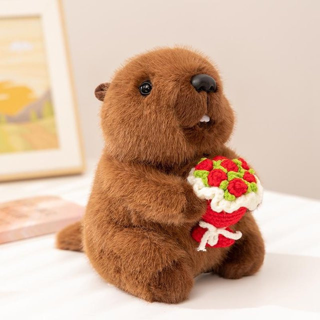 Yiran Health & Beauty Blumen haltendes Murmeltier Roter Panda Puppe Plüschtier, 21cm, ab 14 Jahren - Bild 1