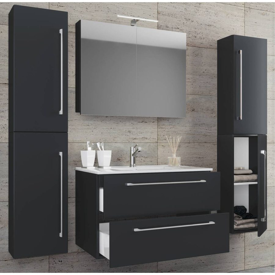 VCM Badmöbel-Set Badinos 5-tlg. in Schwarz mit Waschtisch, Spiegelschrank und Hochschränken, B/T/H: 60 x 46 x 150 cm - Bild 4