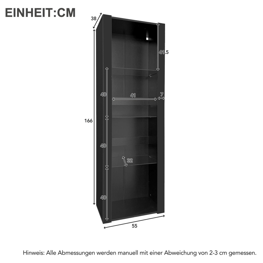 Flieks Modernes Vitrine Hochschrank in Schwarz mit Glasböden, B/T/H: 55 x 38 x 166 cm - Bild 3