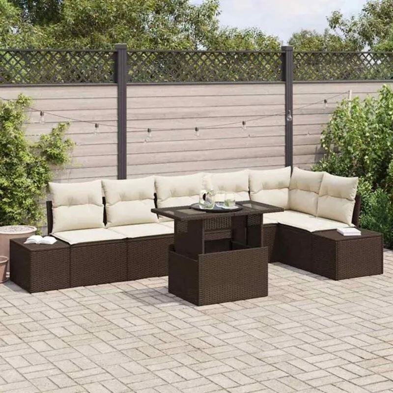 vidaxl Loungemöbel Garten-Sofa-Set aus Polyrattan in Braun und Beige, 7-teilig, B/T/H: 100 x 55 x 73 cm - Bild 1