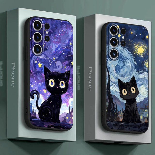 Silikon Handyhülle mit Sternenhimmel und Katze für Samsung Galaxy S21, S22, S23, S24 Ultra und weitere Modelle, Multicolor - Bild 1