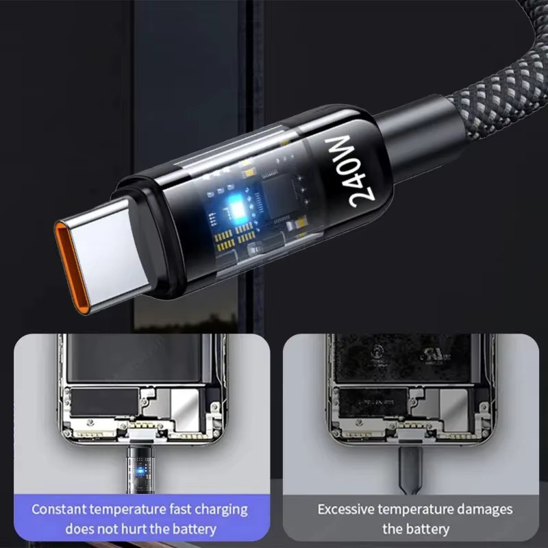 USB auf Typ C Schnelllade-Nylon-Datenkabel mit LED-Digitalanzeige, 240 W, Schwarz - Bild 5