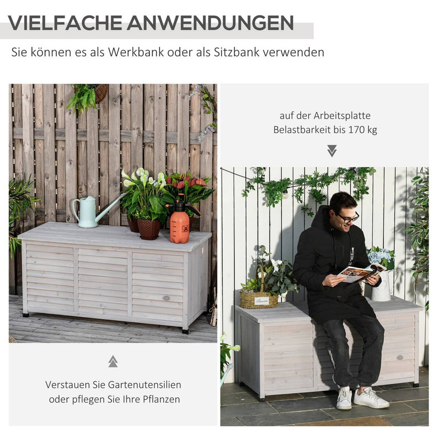 Outsunny Gartentruhe aus Fichtenholz in Grau mit Latten-Design, B/T/H: 127 x 56 x 60 cm - Bild 2