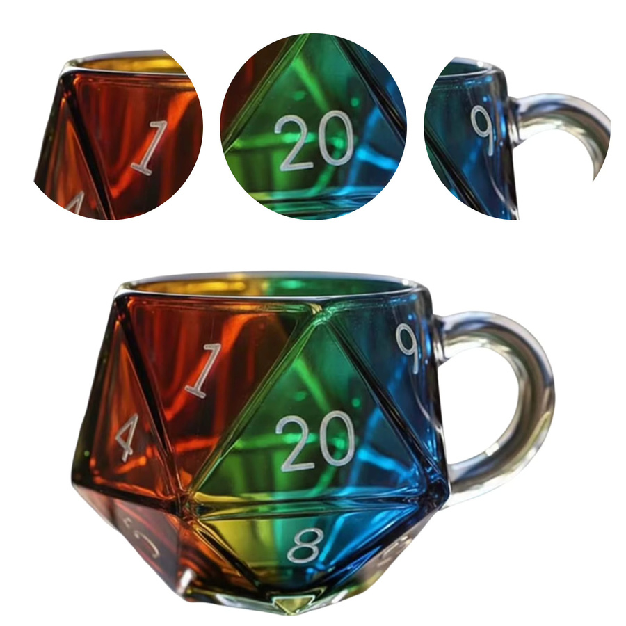 Shunmaii Regenbogen D20 Würfelbecher aus Glas, Transparenter Würfelbecher mit Henkel in Bunt/Mehrfarbig, Fantasy-Spielbecher mit geometrischem Design - Bild 3
