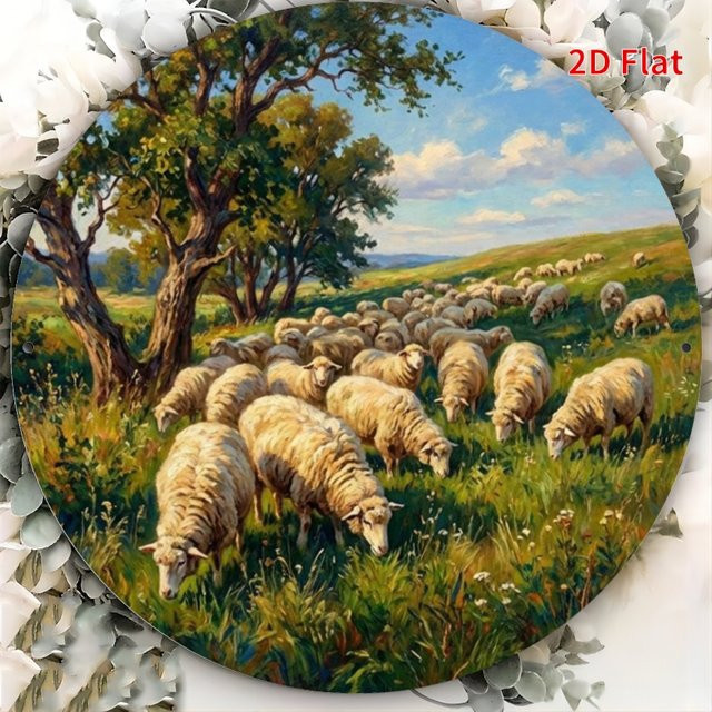 Rundes Vintage Aluminium-Blechschild von CIFBUY mit Schafschwarm-Motiv in Grün und Multicolour zur Wanddekoration - Bild 1