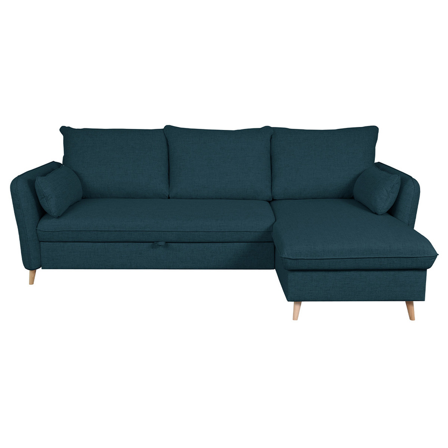 Miliboo Schlaf-Ecksofa DRISS als 3/4-Sitzer mit Stauraum in ozeanblauem Stoff und hellem Holz - Bild 1