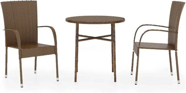 vidaXL 3-tlg Garten-Essgruppe Modell 6 aus Poly Rattan in Braun mit rundem Tisch und Stühlen für Garten, Terrasse und Außenbereich - Bild 1
