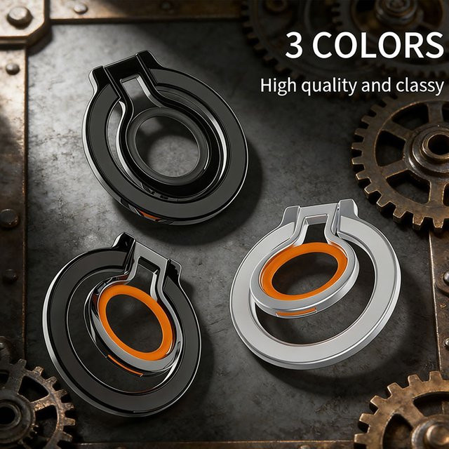 MagSafe Magnetischer Metallring mit 360 Grad Rotationsfunktion für iPhone 12 bis 17 und Samsung in Schwarz und Orange - Bild 1