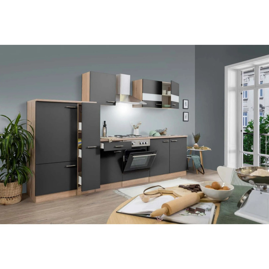 Respekta Küchenzeile Grau-Eiche Sägerau ohne Elektrogeräte mit Glastüren und Soft-Close-Funktion, Breite: 300 cm - Bild 2