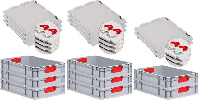 PROREGAL Spar Set 8x Eurobox Nextgen Color mit Scharnierdeckel und Schiebeschnappverschlüssen, Rot, H x B x T: 12 x 40 x 60 cm, mit glattem Boden - Bild 1