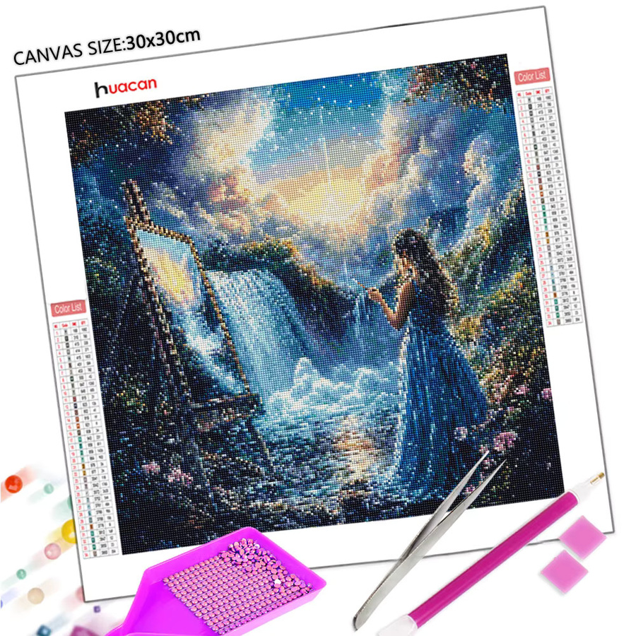 Huacan 5D DIY Diamantmalerei Mädchen mit Wasserfall und Naturlandschaft, runde Stickerei in Multicolour - Bild 2