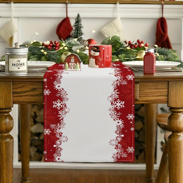 VIKAMA Weihnachts-Tischläufer mit roten und weißen Schneeflocken für deine Feiertagsdekoration - Bild 1