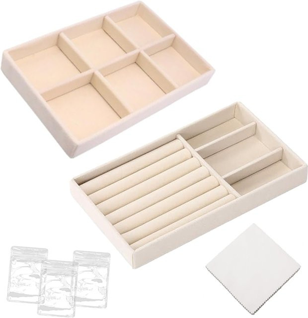 Samt Schmuck-Display-Tablett-Set als Organizer für Ringe, Ohrringe und Halsketten in Beige - Bild 1